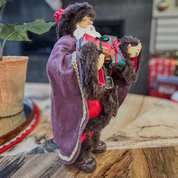 Vintage Old World Santa in Brown Faux Fur & Plum Clothtique-Like Hat & Cape 10"H - Picture 3 of 8